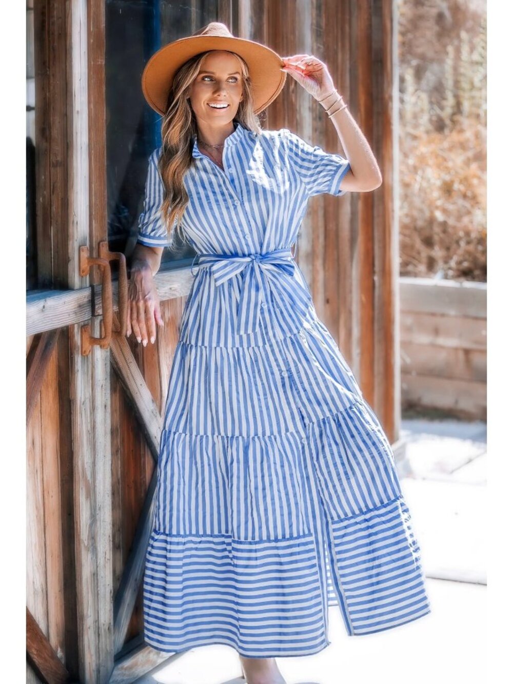 NWT Cupshe Blue Striped Puff Sleeve Front Button Maxi Dress - Size: Small - Picture 13 of 13